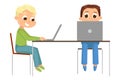Two Boys Using Laptop Computer at Workplace, Online Education or Courses, Kid Programmer Character Cartoon Style Vector