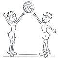 Two boys and volleyball, vector illustration, sketch