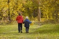 Two boys walking in the autumn park. Sunny day. Back view Royalty Free Stock Photo