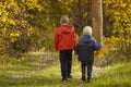 Two boys walking in the autumn park. Sunny day. Back view Royalty Free Stock Photo