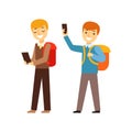 Two Boys Walking From School With Their Backpacks And Smartphones, Person Being Online All The Time Obsessed With Gadget