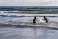 Two Boys in a Water Fight in the Surf of the Mediterranean