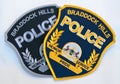 Two Braddock Hills Police patches, one black and gold and the other subdued on a white background