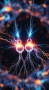 Two brain cells exchanging electrical impulses, representing nerve communication and synapse activity, glowing with blue Royalty Free Stock Photo