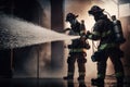 Two brave firefighter in fire suit on rescue duty using water. AI Generation