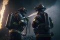 Two brave firefighter in fire suit on rescue duty using water. AI Generation