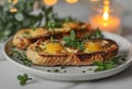 two bread sticks with eggs on a white plate with some herbs