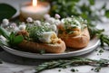 two bread sticks with eggs on a white plate with some herbs