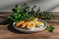 two bread sticks with eggs on a white plate with some herbs