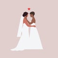 Two brides. Lesbian wedding. Gay marriage. Homosexual women hug each other. Vector