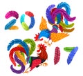 Two bright colorful rooster fighting. Lettering 2017 made of feathers. Drawing Chinese symbol of the New Year.