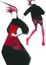 Two bright girls in fashionable coat with streaks watercolor hand illustration