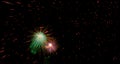 Two bright multicolored flashes of fireworks flying through sparks against black sky. Copy space