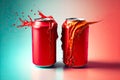 two bright red aluminum cans mockup with water spills on walls