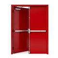 Red Double Emergency Exit Doors with Push Bars on a White Background image photo Royalty Free Stock Photo