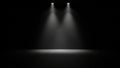 Two bright spotlights illuminating a dark stage with a soft glow on the floor Royalty Free Stock Photo
