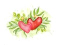 Two bright transparent red pink hearts among green leaves and rose buds. Romance spring composition on background of