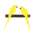 Two bright yellow parrots sit on a branch, vector