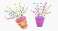 Two 3D Rendered Party Poppers Exploding with Colorful Confetti and Streamers Royalty Free Stock Photo