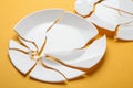 Two broken ceramic plates on orange background, closeup Royalty Free Stock Photo