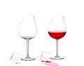 Two broken glass and empty with red wine on white isolate Royalty Free Stock Photo
