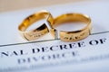 Two broken golden wedding rings divorce decree document