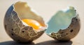 Two broken quail eggs with intricate, network-like cracks on the shells lie open on a surface. The Royalty Free Stock Photo