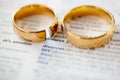 Two broken wedding rings on divorce word in dictionary. Royalty Free Stock Photo