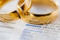 Two broken wedding rings on divorce word in dictionary. Royalty Free Stock Photo