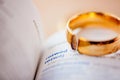 Two broken wedding rings on divorce word in Polish language Royalty Free Stock Photo