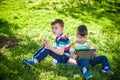 Two brother kid is lying on the grass with tablet