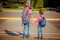 Two brothers with backpack walking, holding on warm day on the