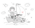 Two brothers are on a boat. Two little boys are playing sailors. Two friends and their toys. Cute cartoon kids and cat, dog and Royalty Free Stock Photo