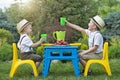 Family picnic.Two brothers eat strawberries and drink juice in nature. Royalty Free Stock Photo