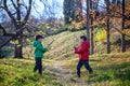 Two brothers fight with sticks. The child screams with his mouth