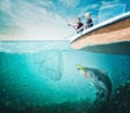 Two brothers on a fishing trip caught a fish.Fishing on the lake from a boat. Fishing rest concept.