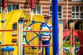 Two brothers sibling boy as a captain or sailors play on the ship outdoors on sunny day. Kids has a lot of fun. Ship has colorful Royalty Free Stock Photo