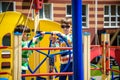 Two brothers sibling boy as a captain or sailors play on the ship outdoors on sunny day. Kids has a lot of fun. Ship has colorful Royalty Free Stock Photo