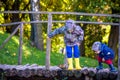 Two brothers sibling boy child crossing little wooden bridge in Royalty Free Stock Photo