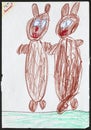 Two Brown Bears. Child's Drawing. Royalty Free Stock Photo