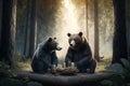 Two brown bears are having a picnic in the middle of the green forest Royalty Free Stock Photo