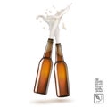 two brown beer bottle toasting creating splash, 3D realistic vector set Royalty Free Stock Photo