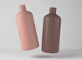 Two brown and beige plastic shampoo bottles floating on studio background, 3D render of cosmetic packaging design ready