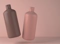 Two brown and beige plastic shampoo bottles floating on studio background, 3D render of cosmetic packaging design ready