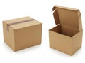 Two brown cardboard boxes, one closed, one open isolated on white background Royalty Free Stock Photo