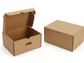 Two brown cardboard boxes, one open and one closed isolated on white background Royalty Free Stock Photo