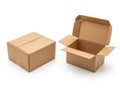 Two brown cardboard boxes, one open and one closed isolated on white background Royalty Free Stock Photo