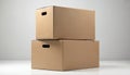 Two brown cardboard boxes stacked neatly on white floor for relocation. Empty rectangular containers with handles ready for Royalty Free Stock Photo
