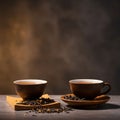 Two brown ceramic cups are filled with tea, accompanied by scattered loose tea Royalty Free Stock Photo