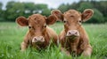 Two brown cows laying down in a field of grass, AI Royalty Free Stock Photo